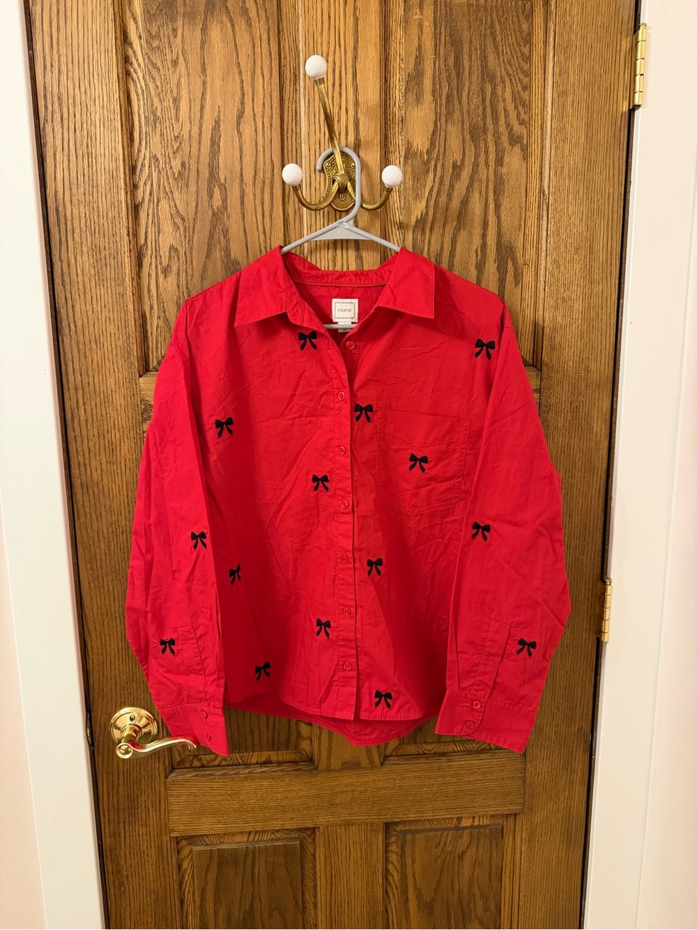 Anthropologie Maeve Red Button-Down Shirt with Black Bow Accents Small NWT - Picture 2 of 9